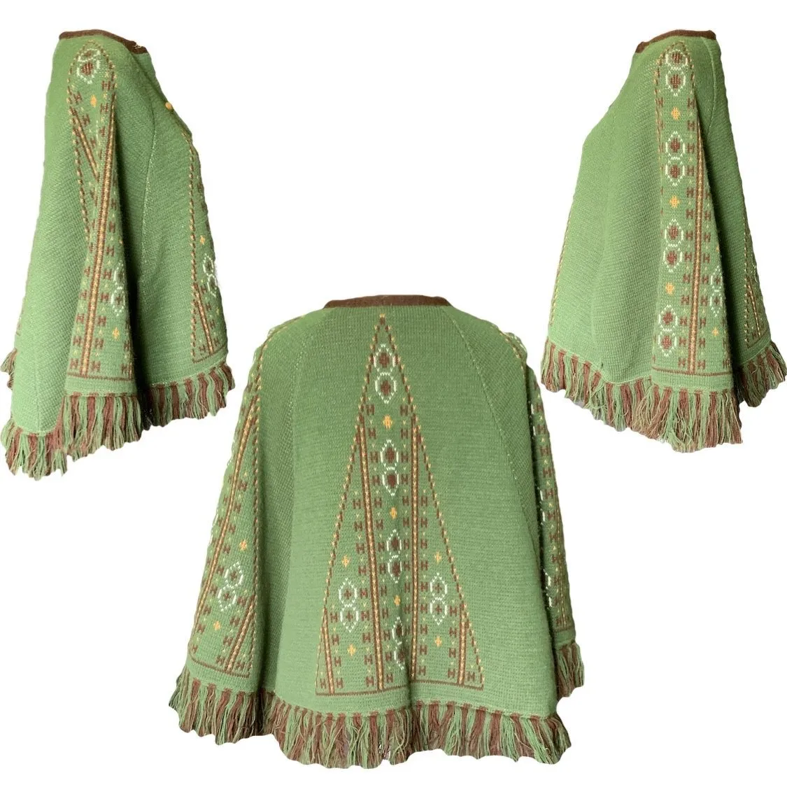 1960s Knit Sweater Poncho or Jacket in Green and Brown. Very English Countryside Boho Chic.