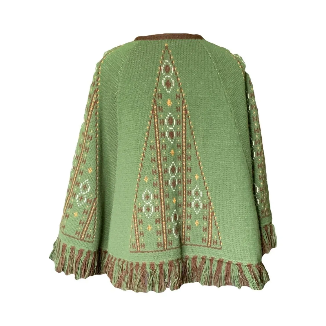 1960s Knit Sweater Poncho or Jacket in Green and Brown. Very English Countryside Boho Chic.