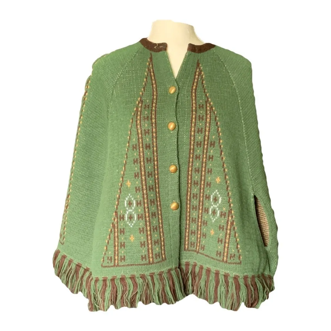 1960s Knit Sweater Poncho or Jacket in Green and Brown. Very English Countryside Boho Chic.