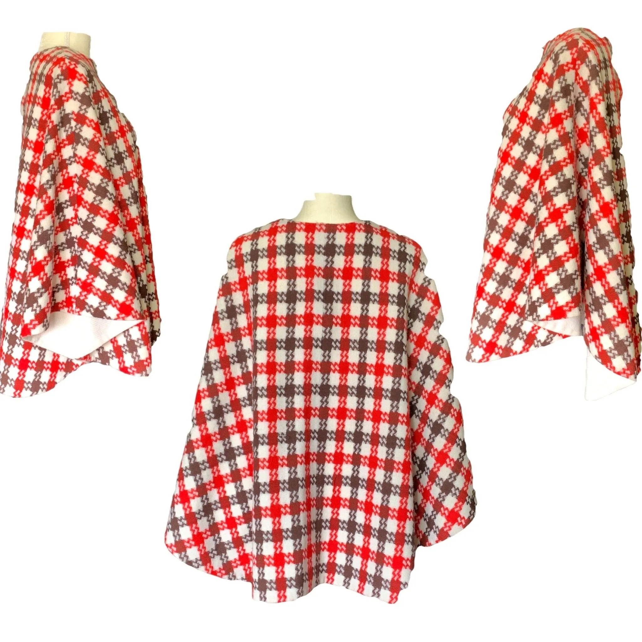 1960s Poncho in a Red and Brown Check Plaid. Perfect Jacket for Fall. English Countryside Bohemian.