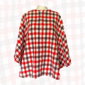 1960s Poncho in a Red and Brown Check Plaid. Perfect Jacket for Fall. English Countryside Bohemian.