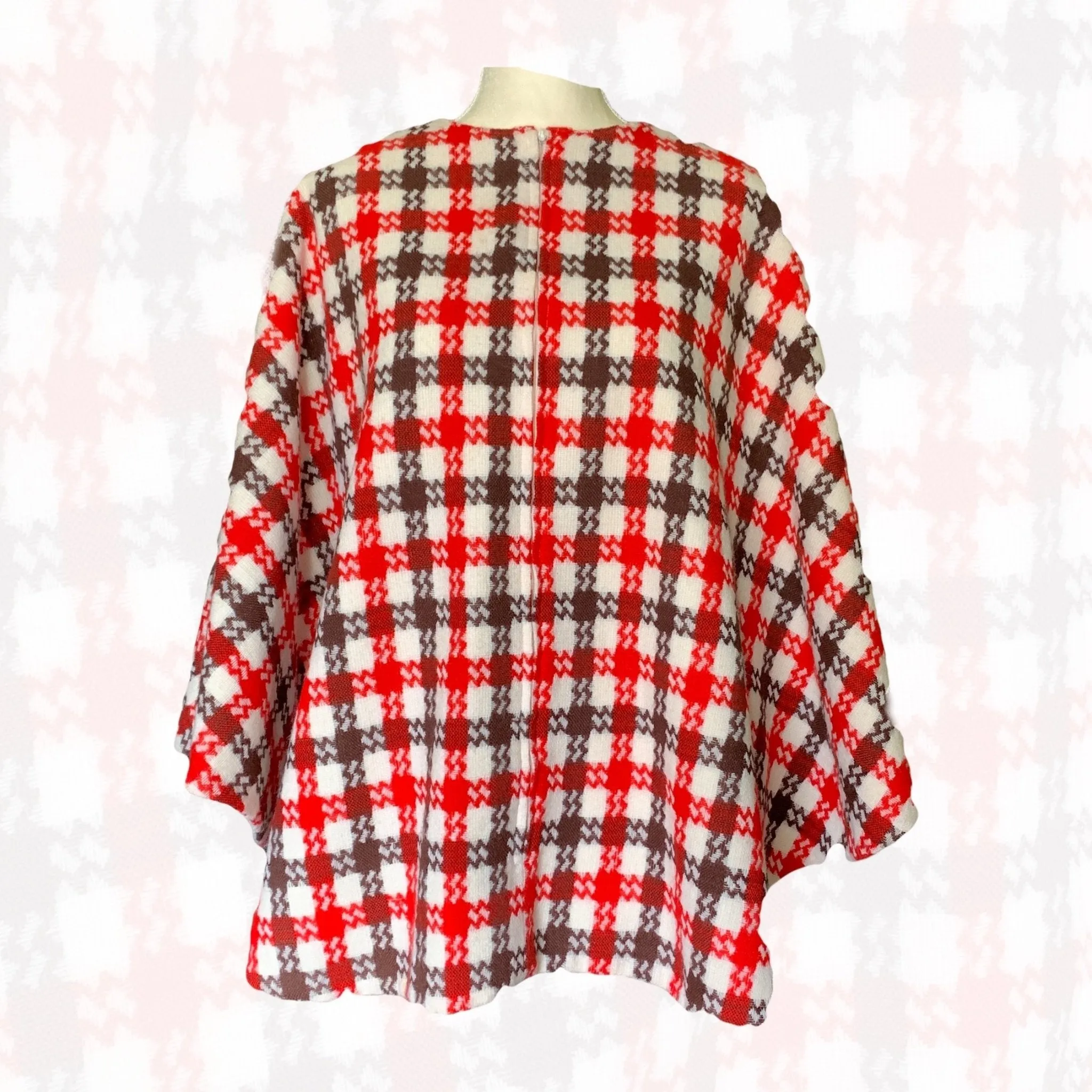 1960s Poncho in a Red and Brown Check Plaid. Perfect Jacket for Fall. English Countryside Bohemian.