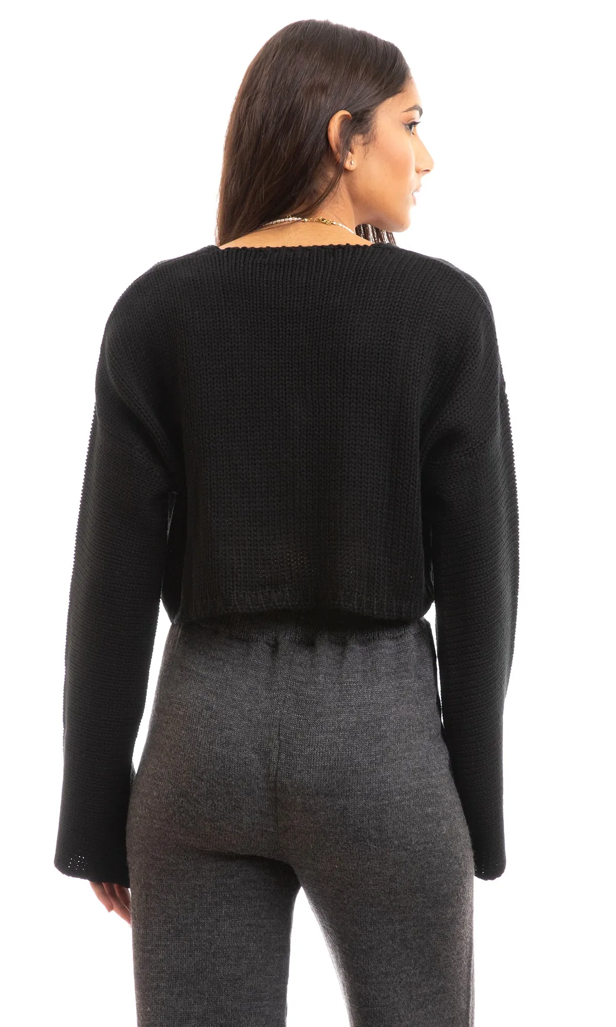 96302 Black Chunky Knit Long Sleeves Cropped Cardigan