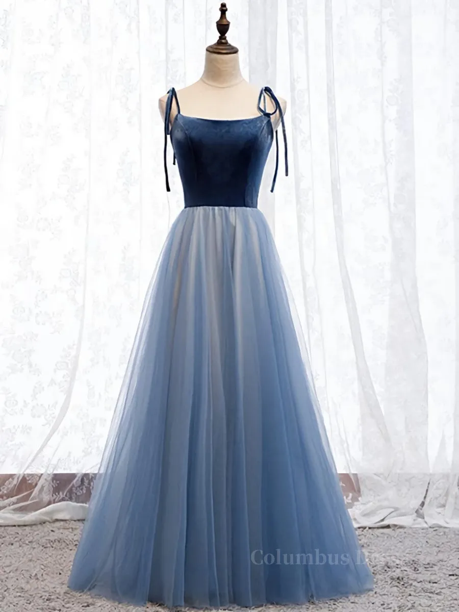 A Line Sleeveless Floor Length Blue Prom Dresses, Blue Long Formal Bridesmaid Evening Dresses