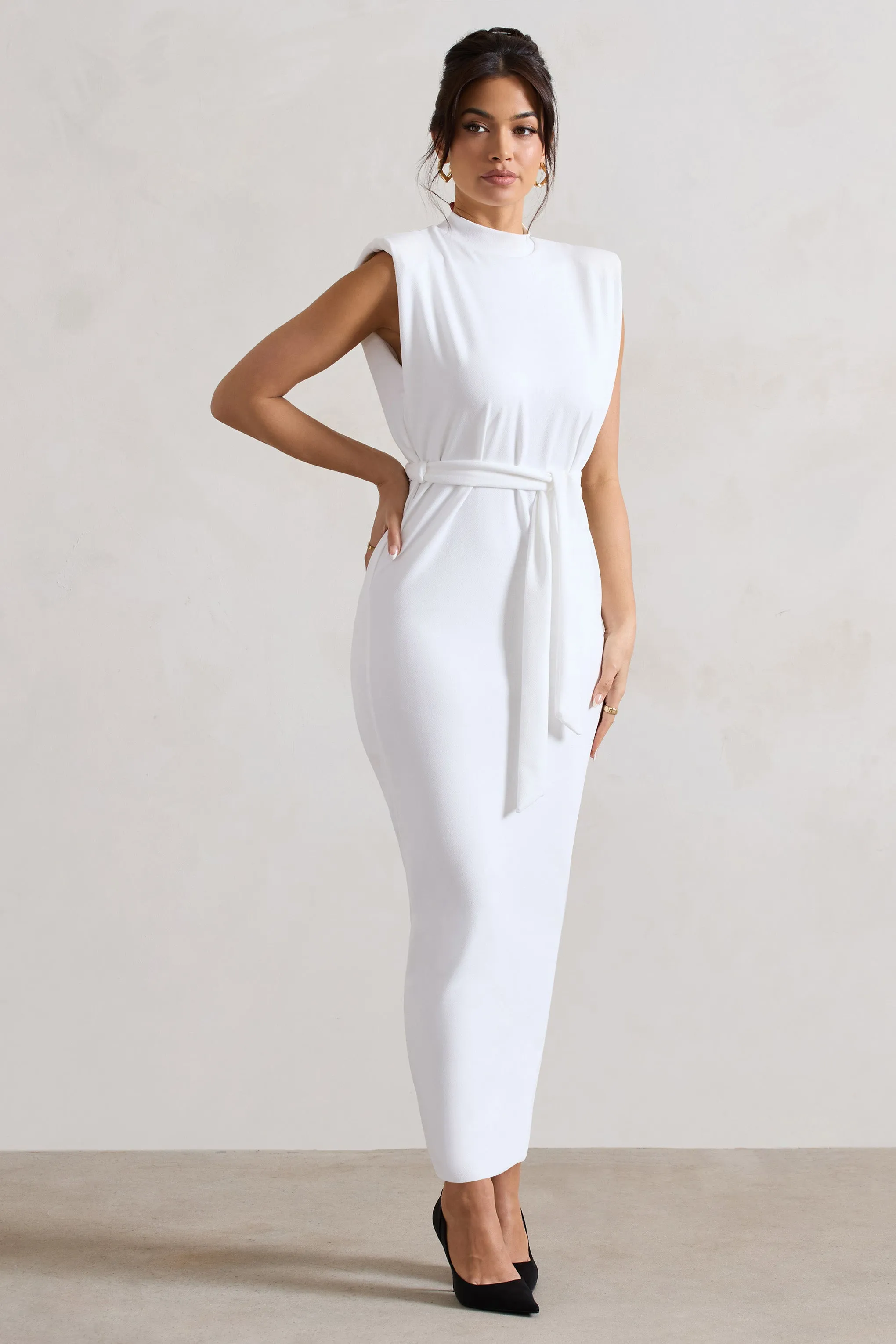 Abbie | White High-Neck Maxi Dress With Tie Waist