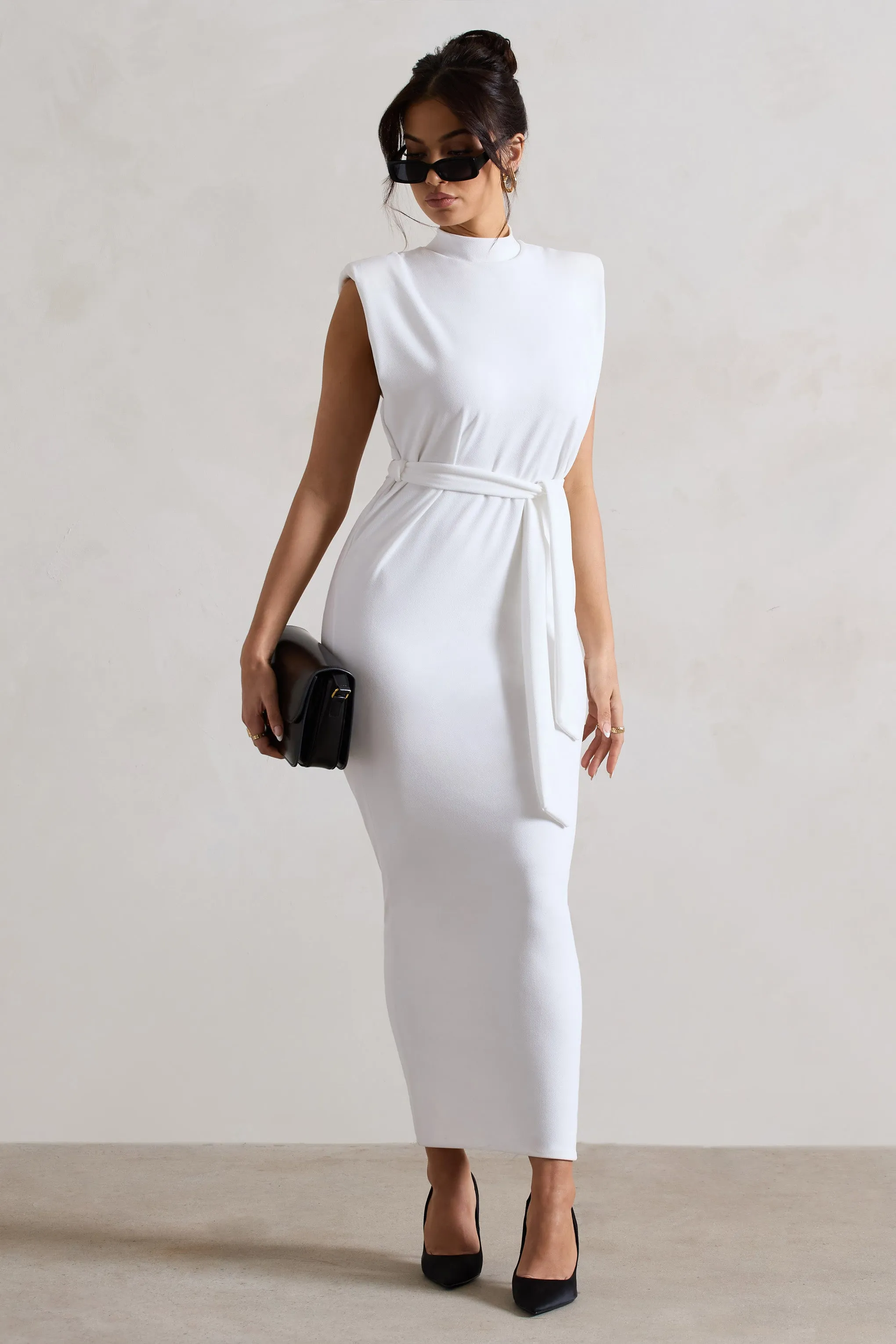 Abbie | White High-Neck Maxi Dress With Tie Waist