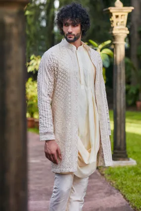 Elegant Beige Sleeveless Drape Kurta Set with Stylish Pants