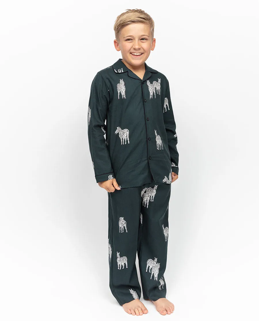 Blake Dark Green Kids Unisex Zebra Print Pyjama Set