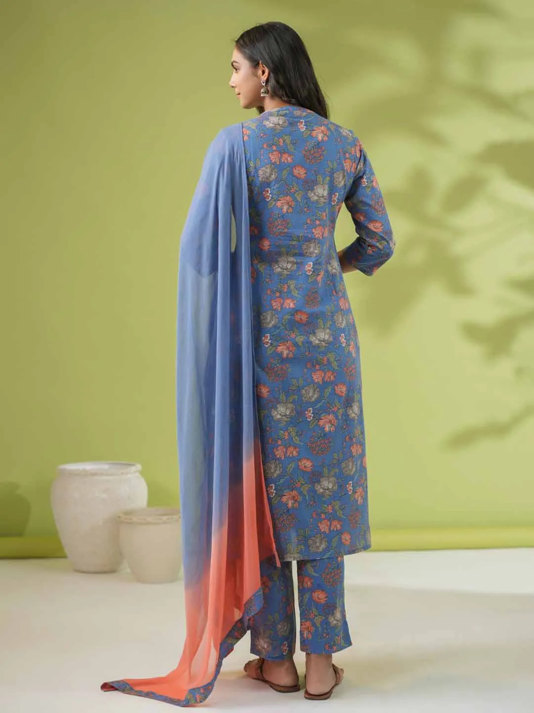 Blue Cotton Floral Straight Kurta Set