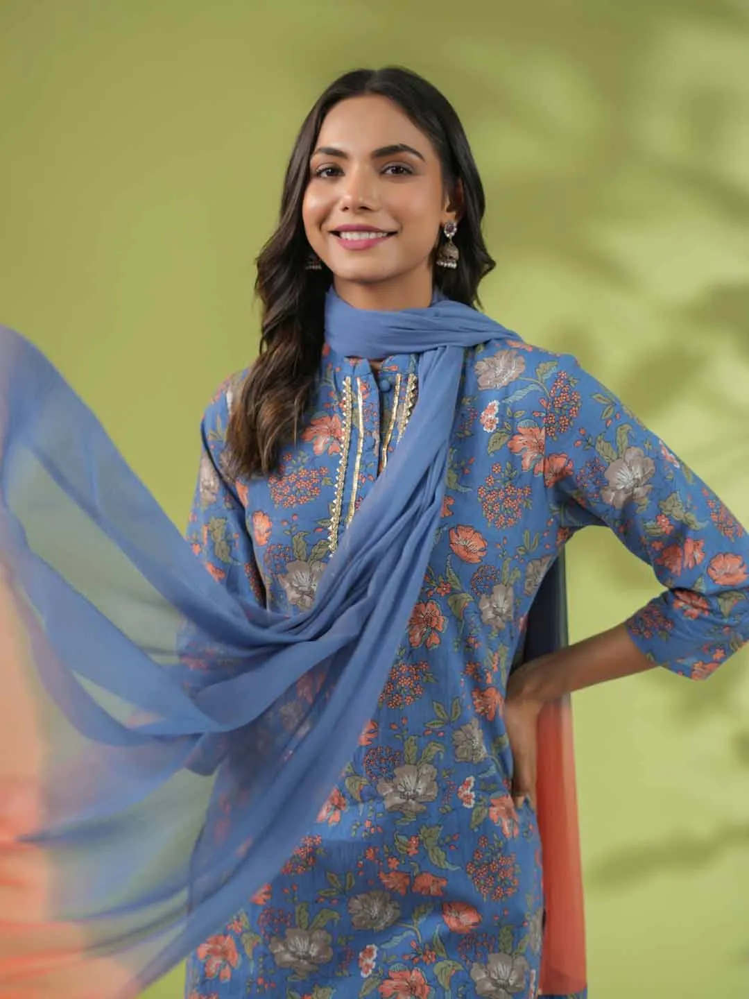 Blue Cotton Floral Straight Kurta Set