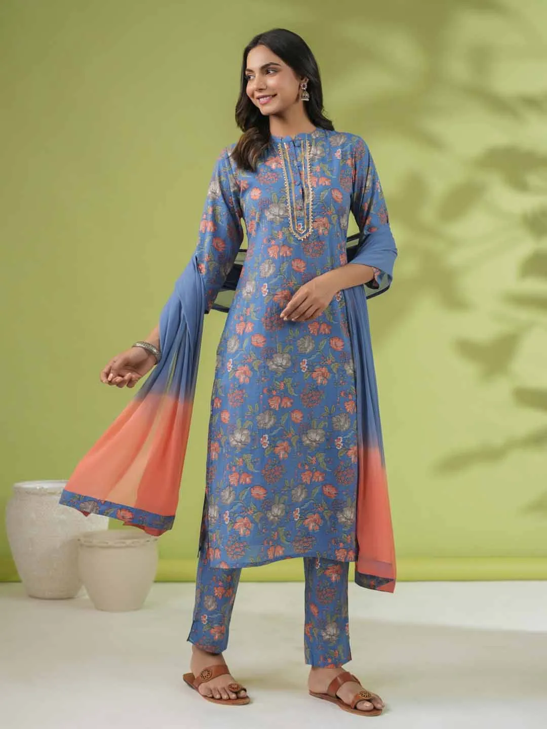 Blue Cotton Floral Straight Kurta Set