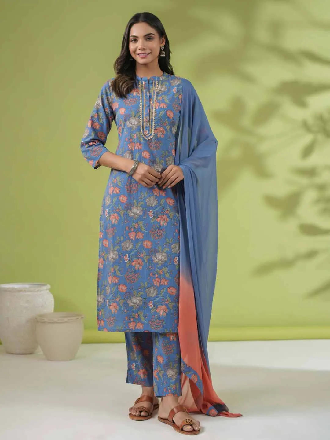 Blue Cotton Floral Straight Kurta Set