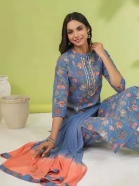 Blue Cotton Floral Straight Kurta Set