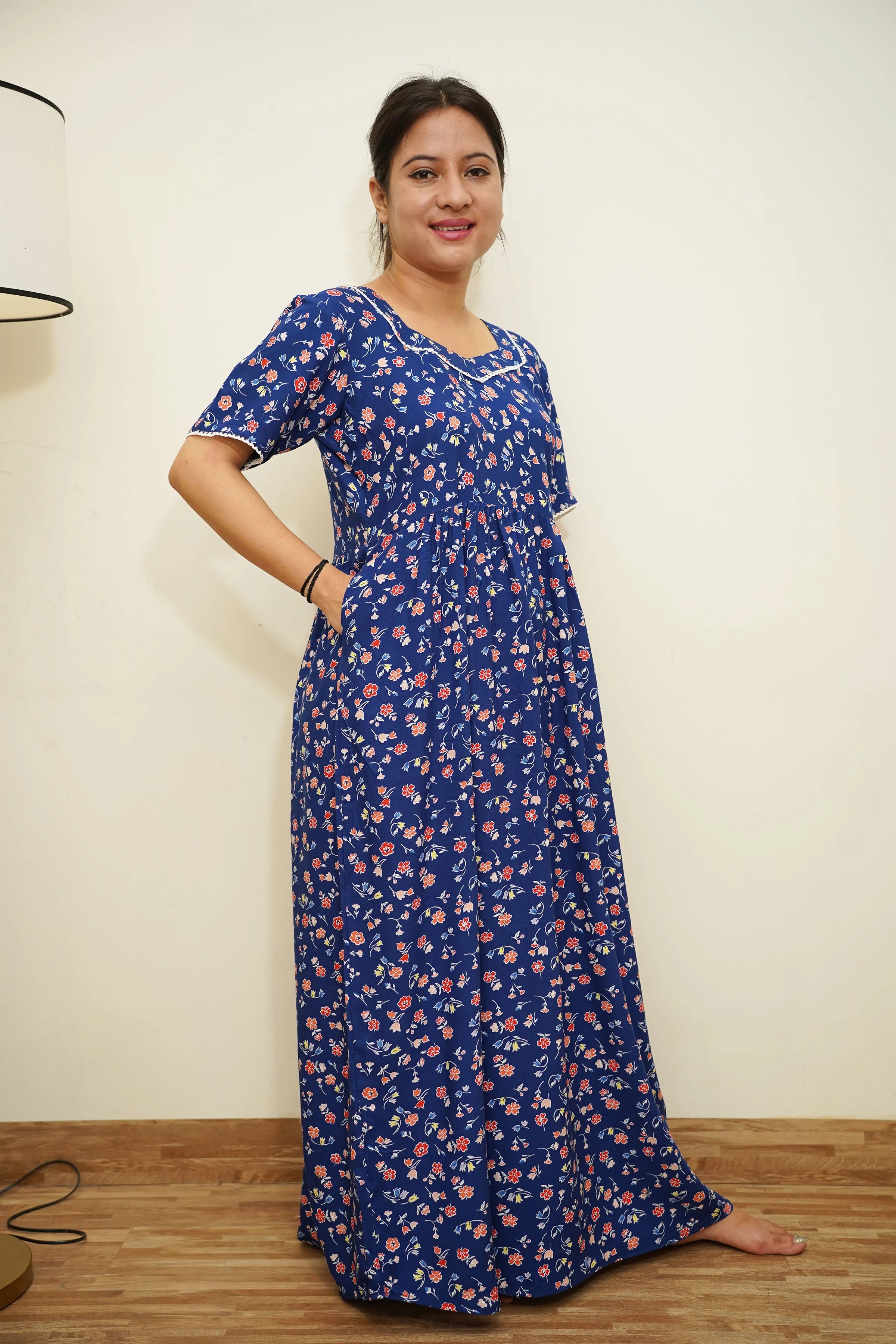 Blue Floral Rayon Night Gown