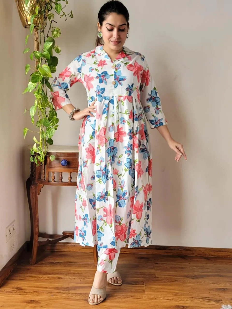 Blue Peach Floral Bagru Print Naira Cut Office Suit Set