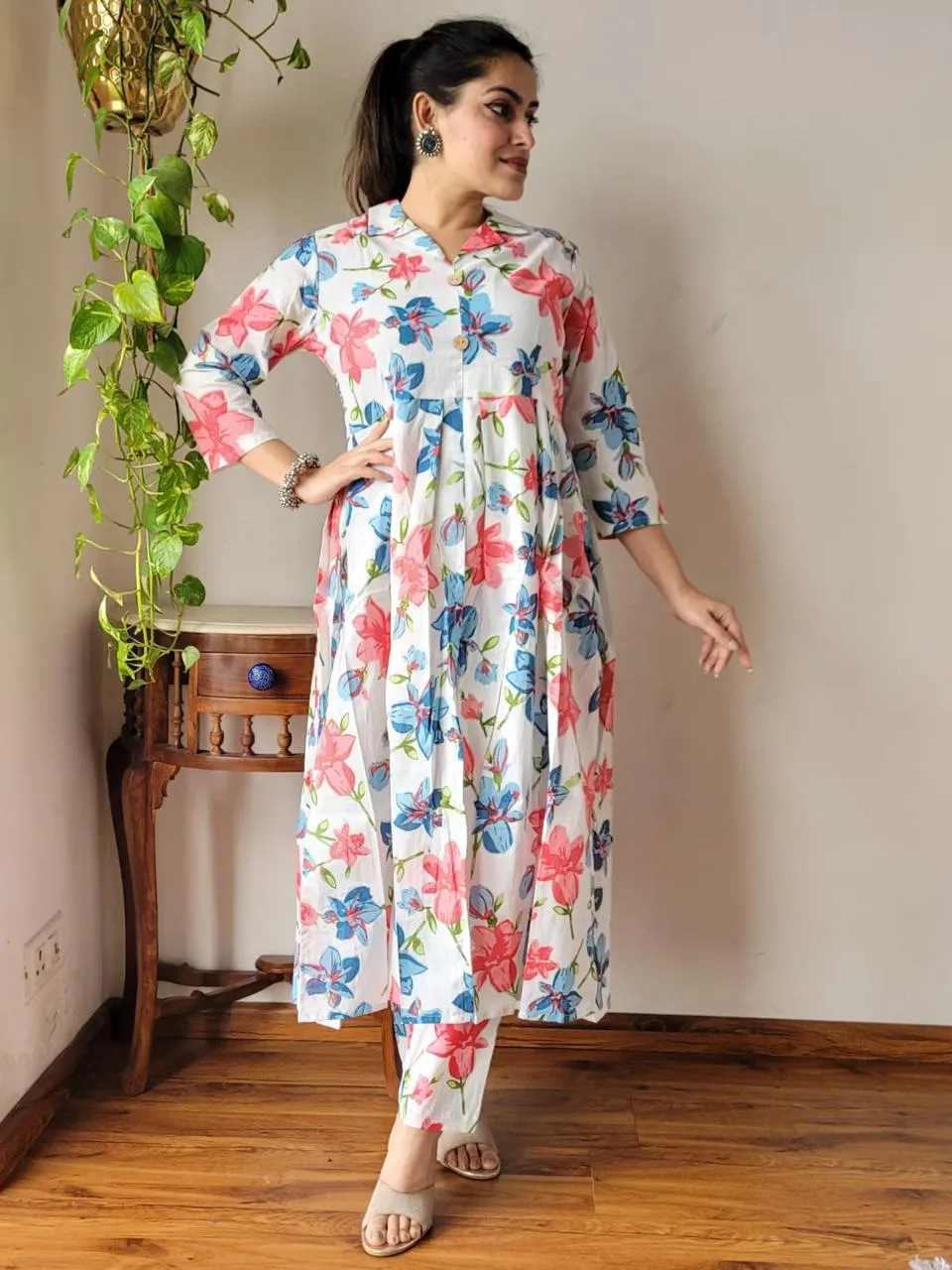 Blue Peach Floral Bagru Print Naira Cut Office Suit Set