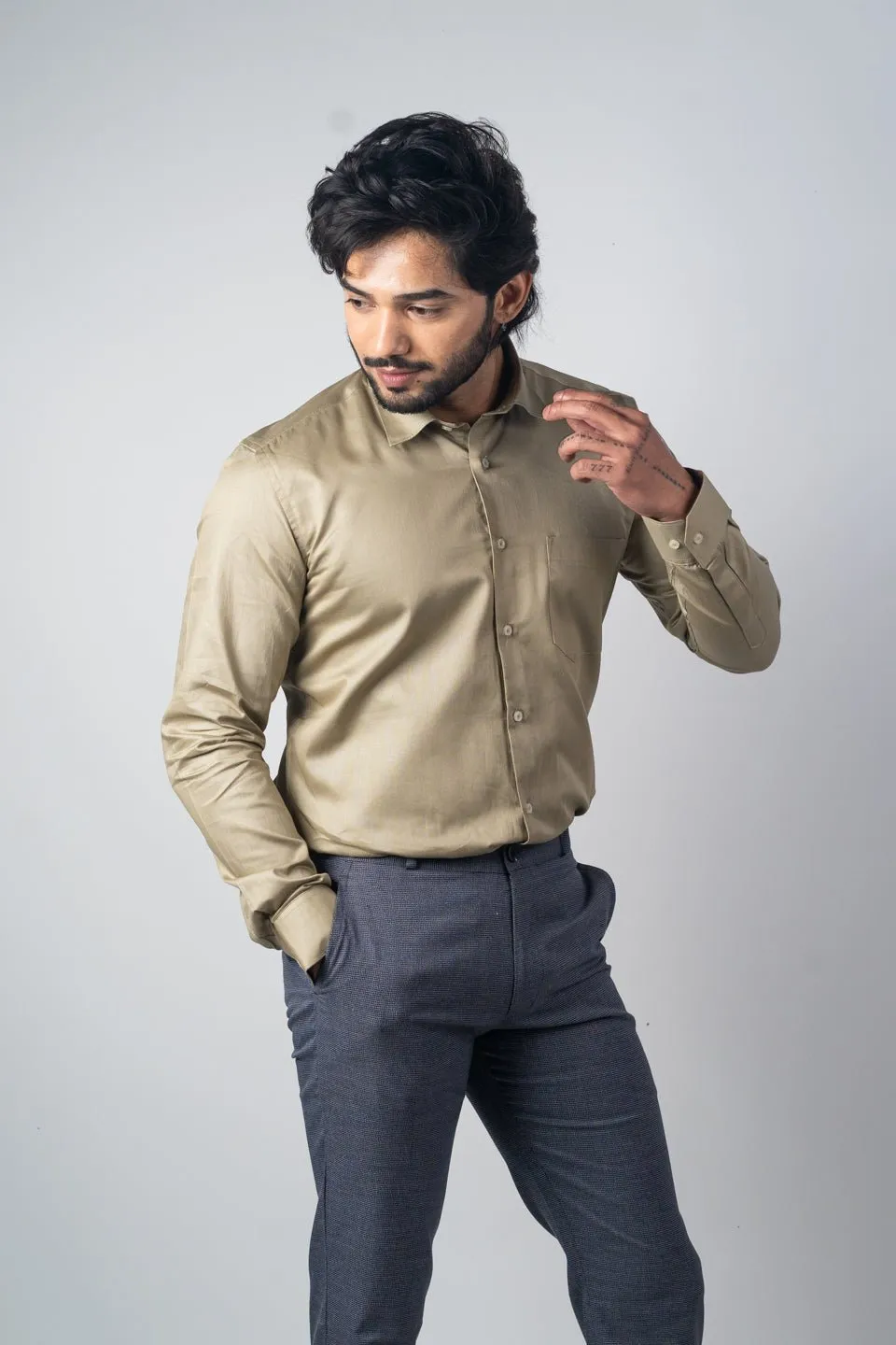 Camel Color Micro Checks Texture Satin Cotton Shirt For Men