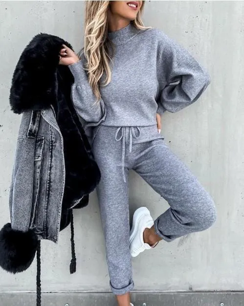 Casual Solid Color High Collar Pencil Pants Suits