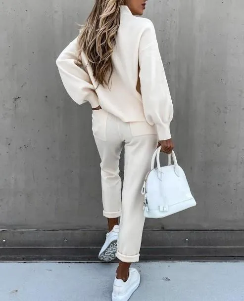 Casual Solid Color High Collar Pencil Pants Suits