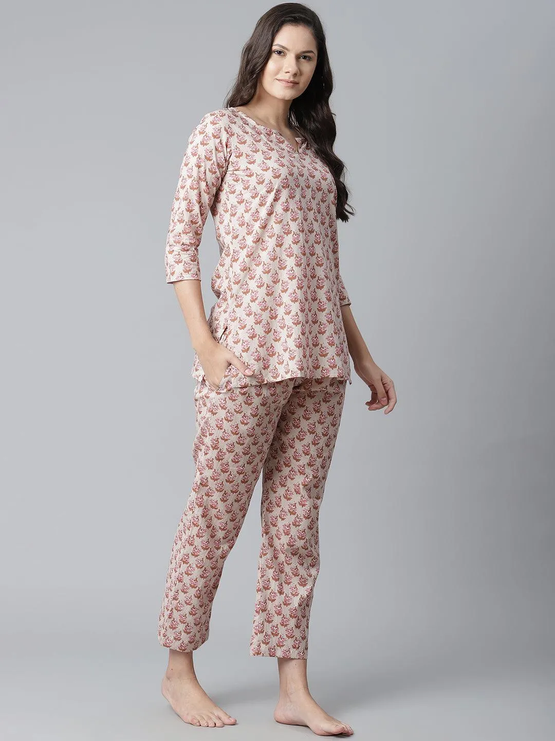 Divena  Floral Pink Motif Cotton Nightsuit