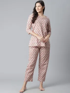 Divena  Floral Pink Motif Cotton Nightsuit