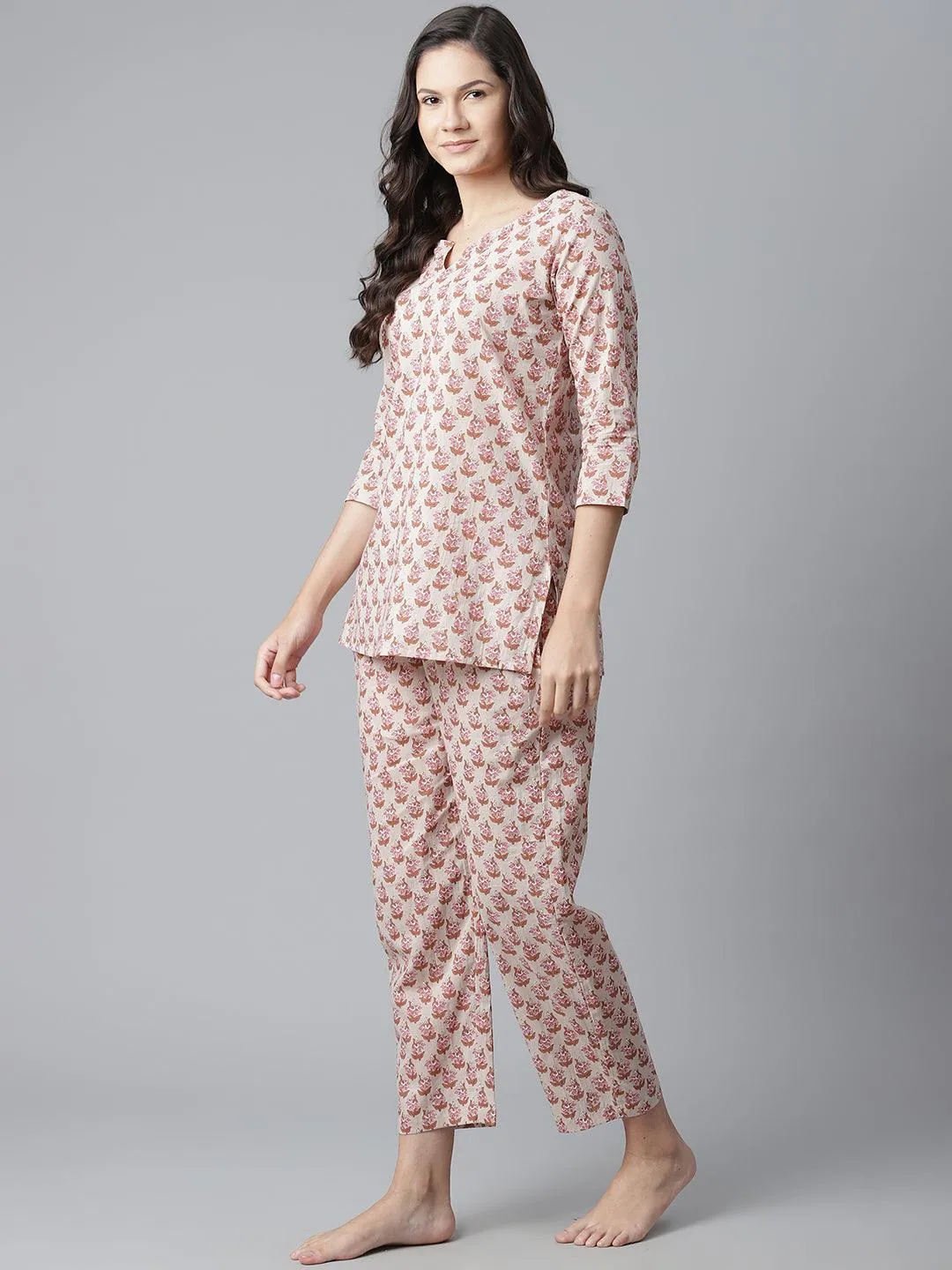 Divena  Floral Pink Motif Cotton Nightsuit