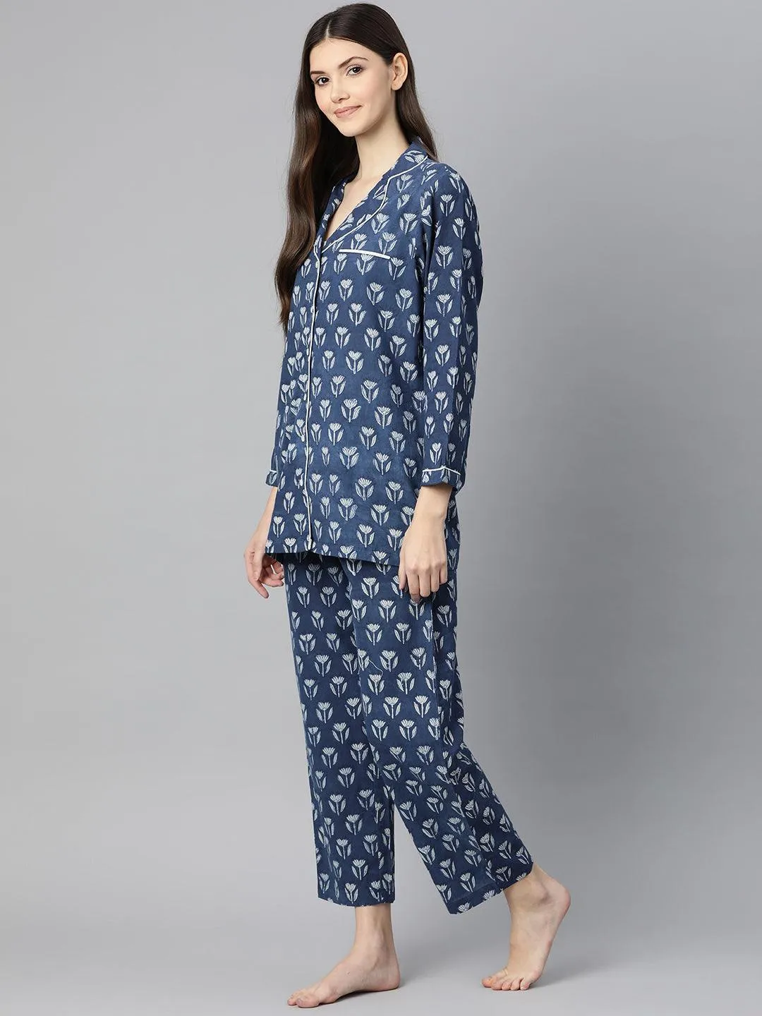 Divena Indigo Hand Block Pure Cotton Night Suit