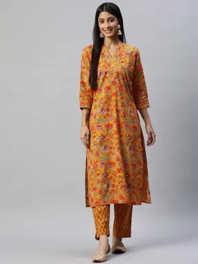 Divena Mustard Cotton Floral Printed Kurta Pant Set