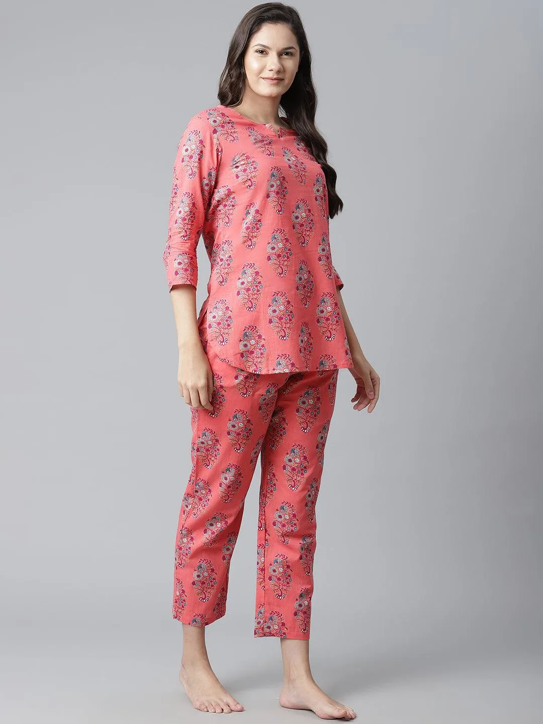 Divena  Peach Cotton Printed Nightsuit