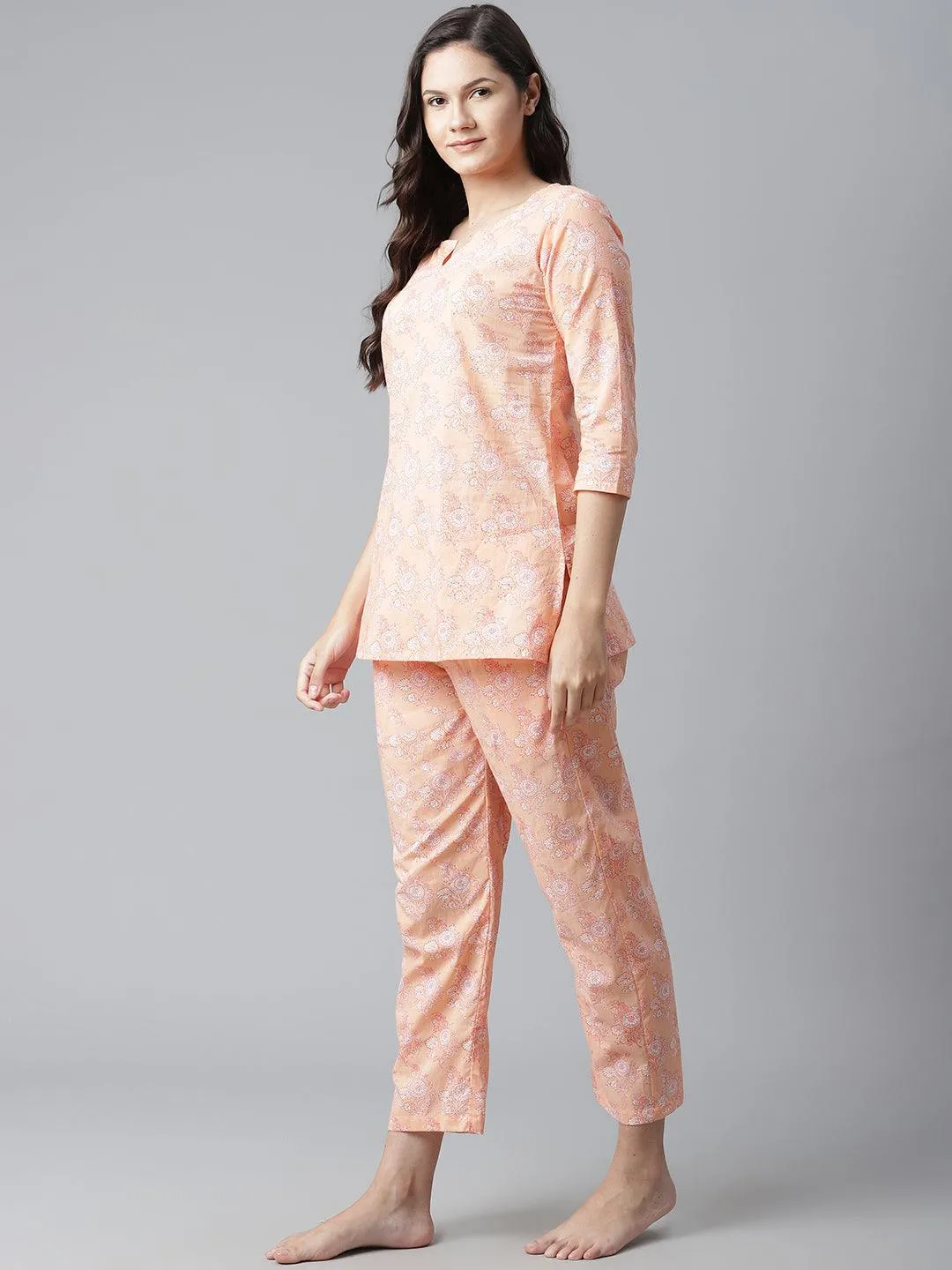 Divena  Peach Printed Cotton Nightwear