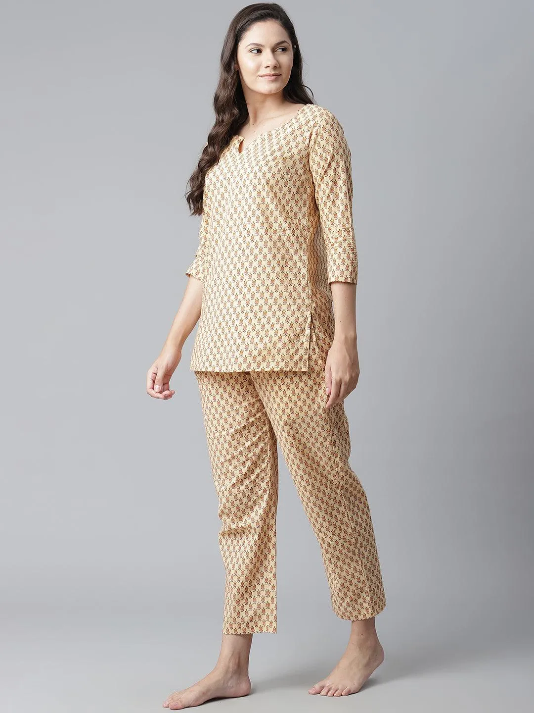 Divena  Yellow Buti Print Cotton Nightwear