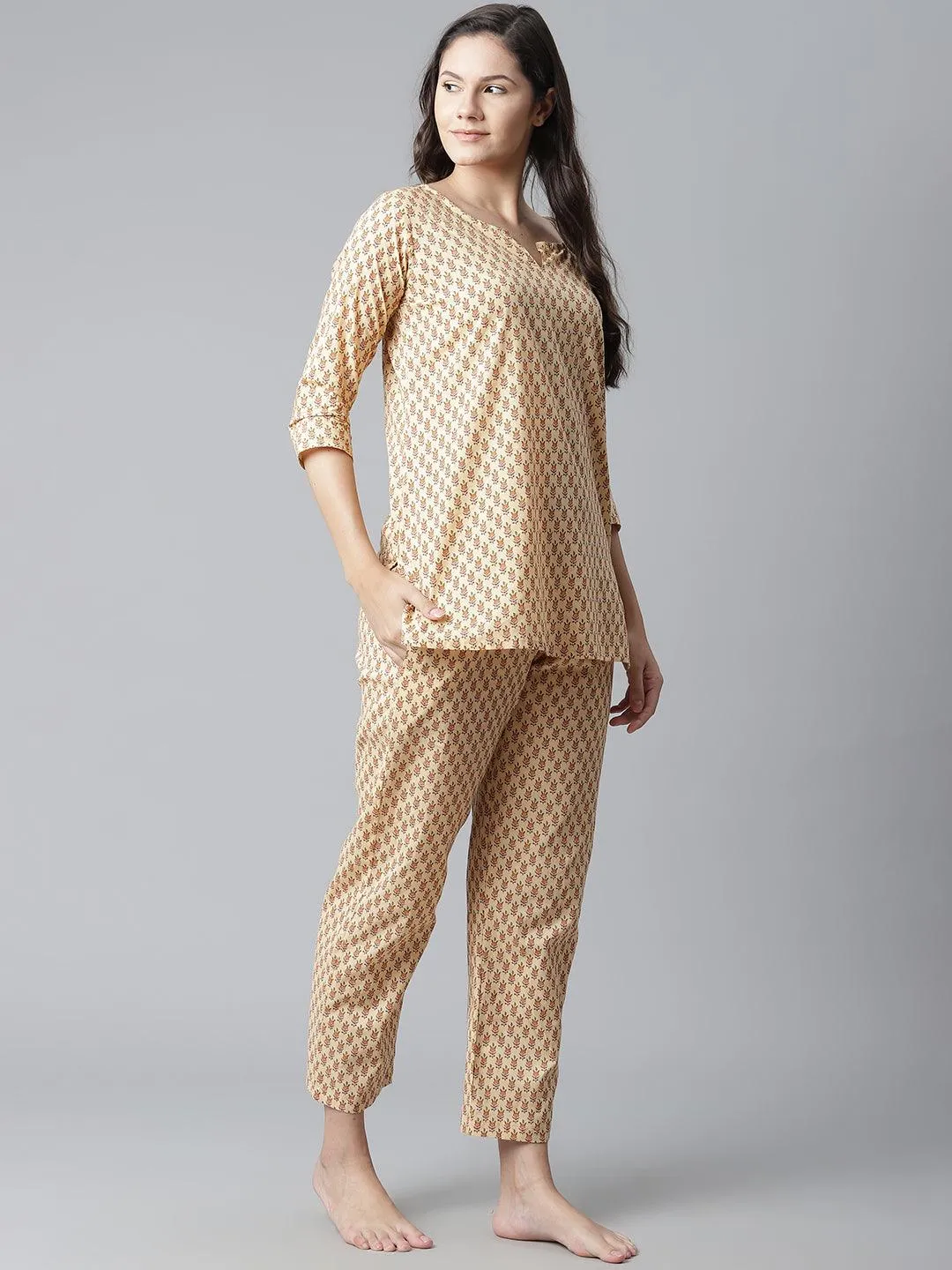 Divena  Yellow Buti Print Cotton Nightwear