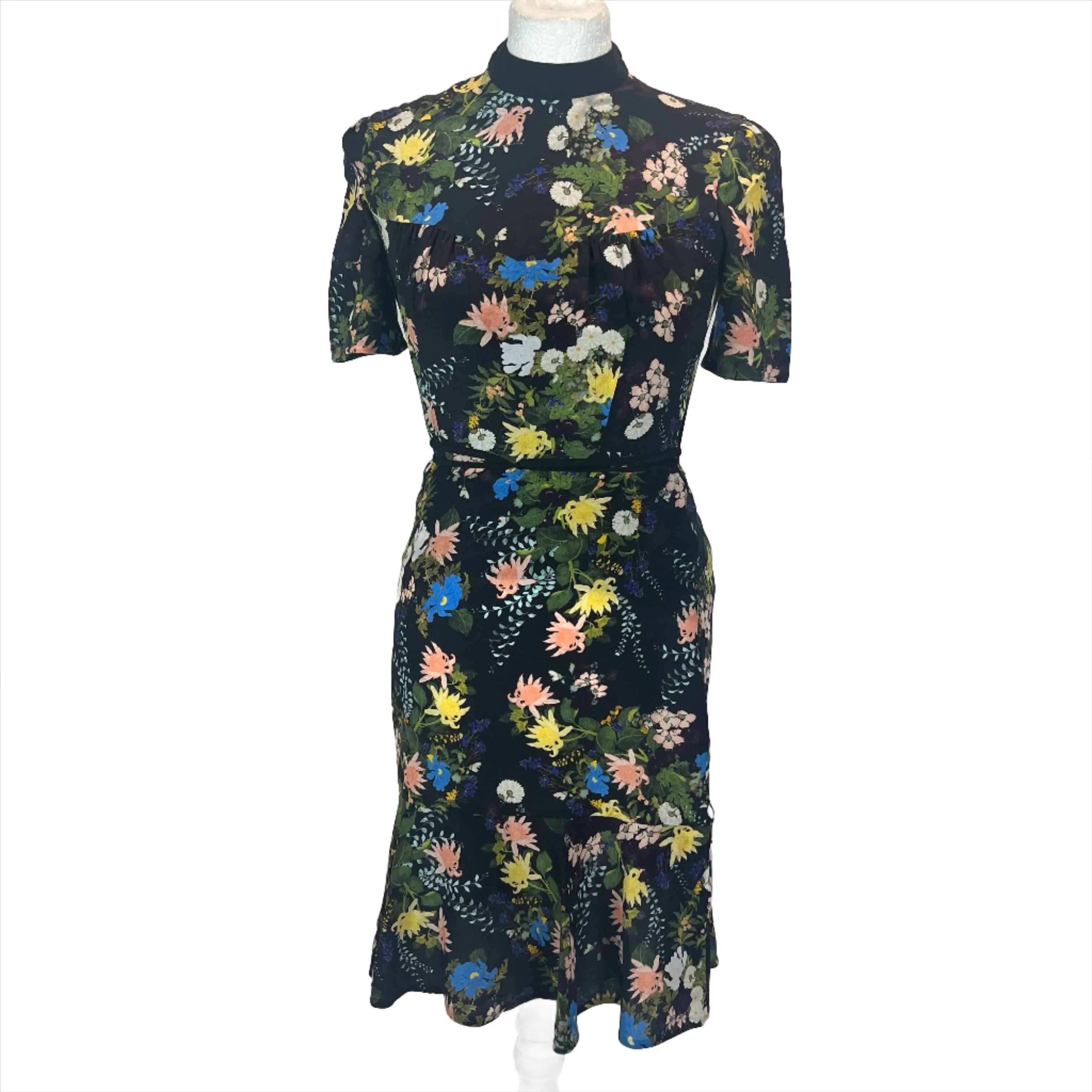 Erdem Black Floribunda Print Silk Midi Dress XS