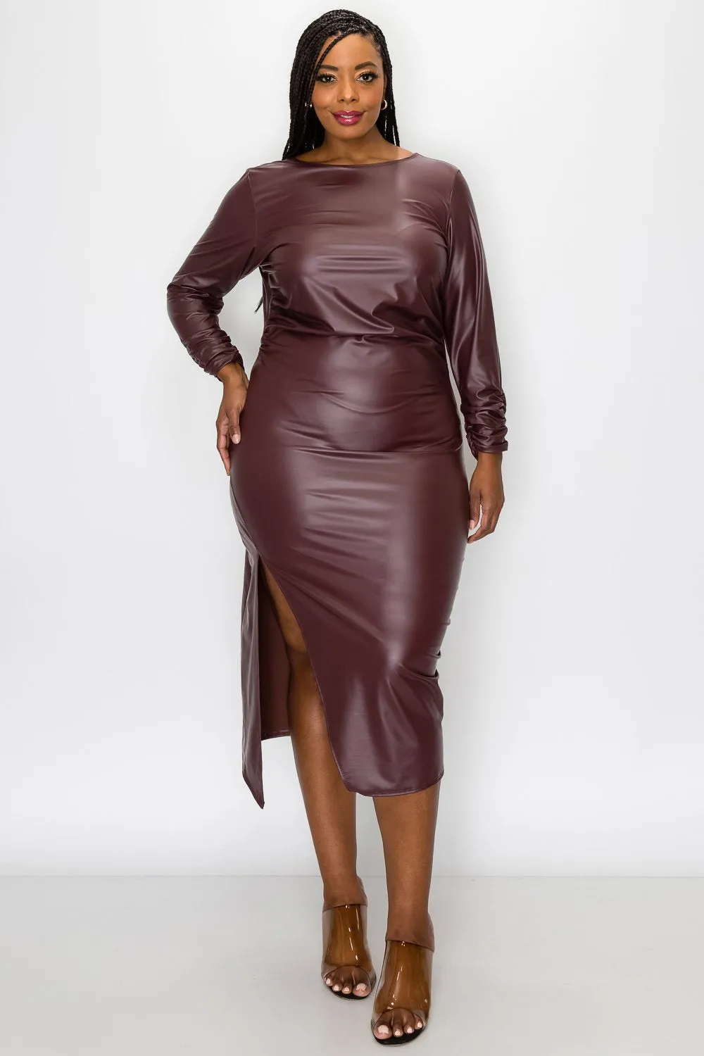 Faux Leather Ruched Sleeves Midi Dress