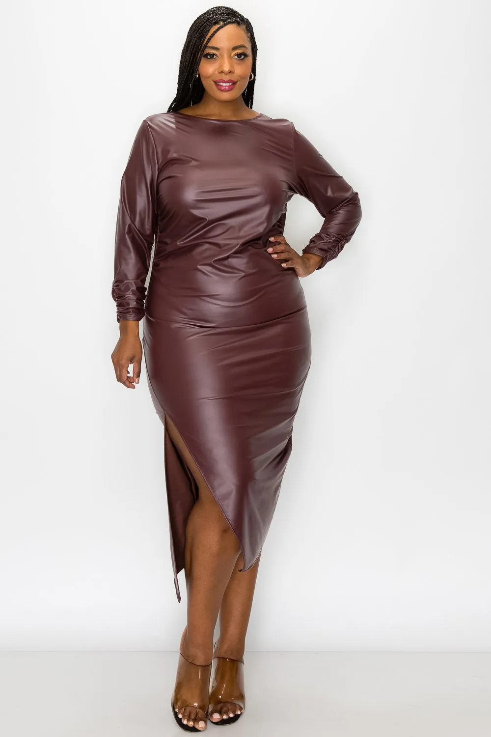 Faux Leather Ruched Sleeves Midi Dress