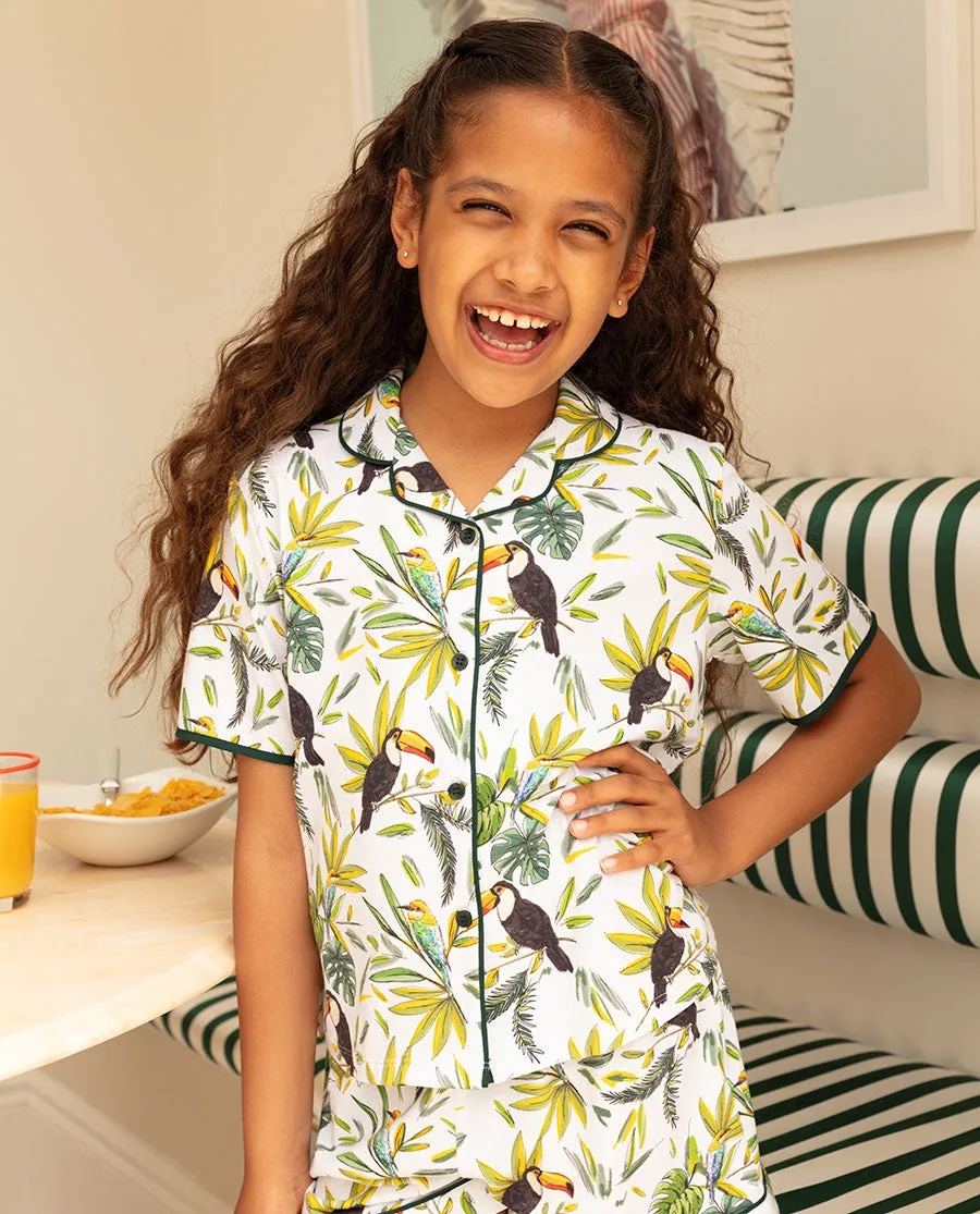 Gabrielle Girls White Toucan Printed Jersey Shorty Set