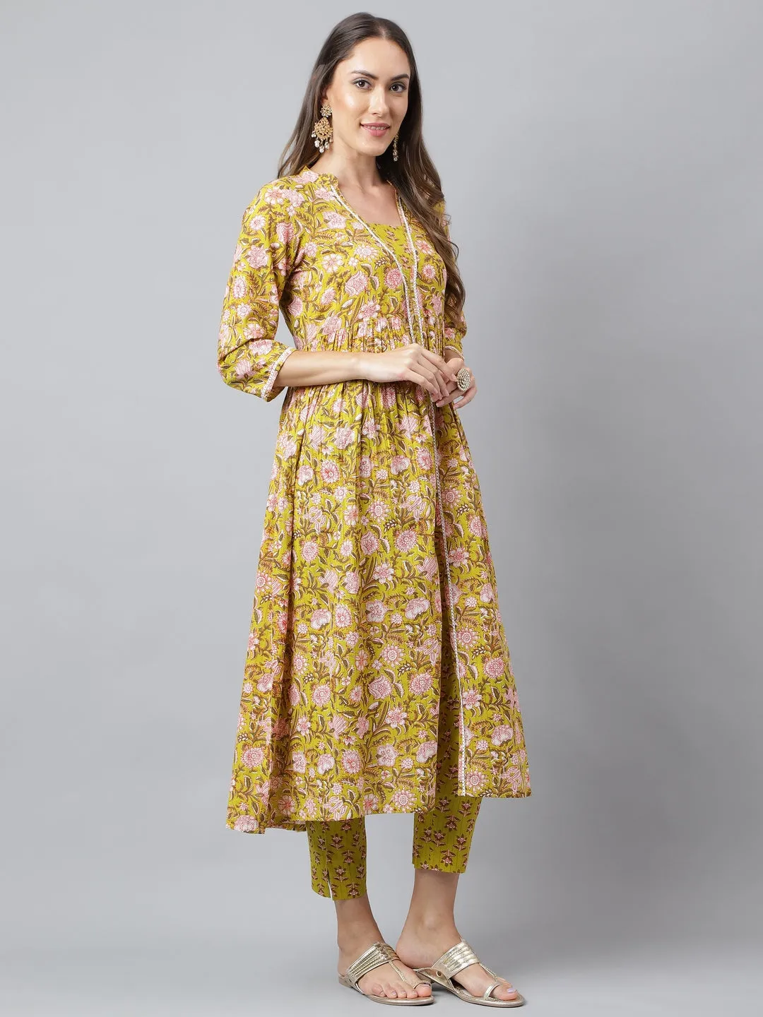 Green Cotton Floral Block Printed Kurta with Pant