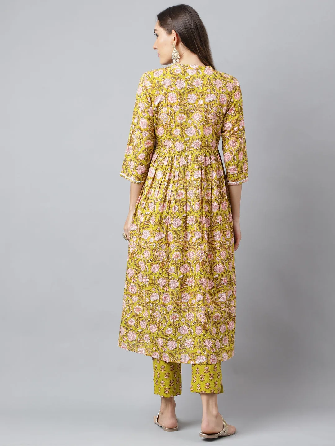 Green Cotton Floral Block Printed Kurta with Pant