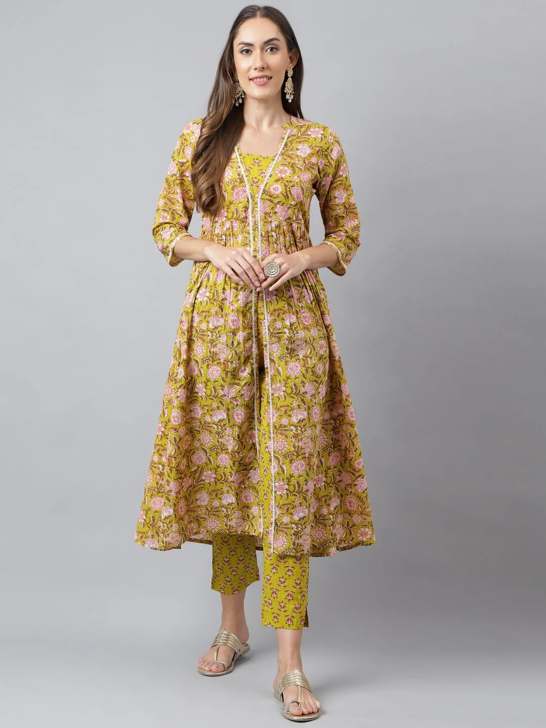 Green Cotton Floral Block Printed Kurta with Pant