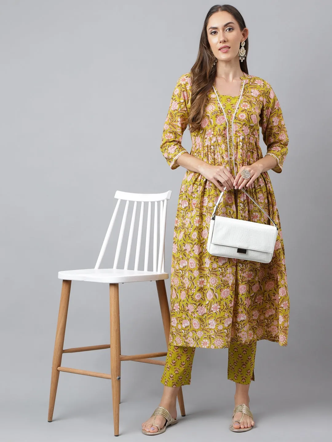 Green Cotton Floral Block Printed Kurta with Pant