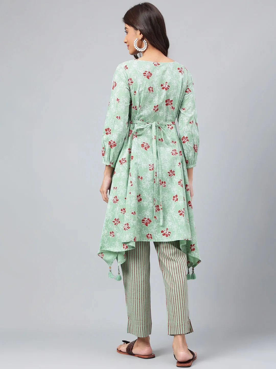 Green Cotton Floral Printed Kurta with Pant