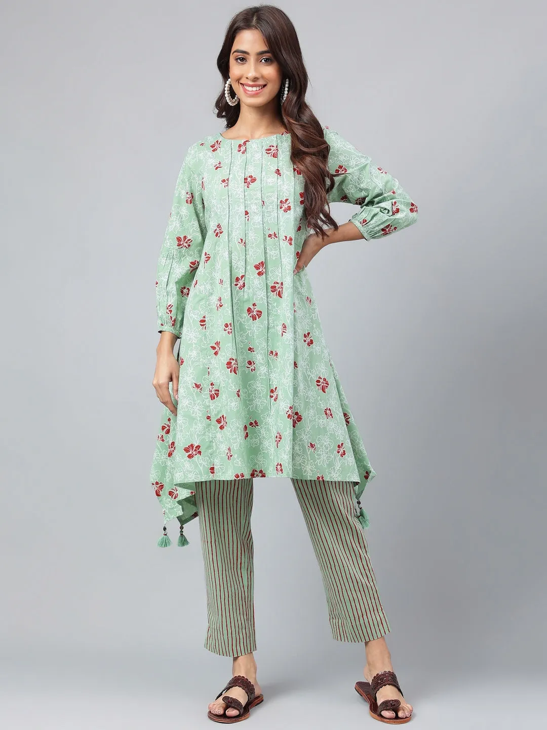 Green Cotton Floral Printed Kurta with Pant