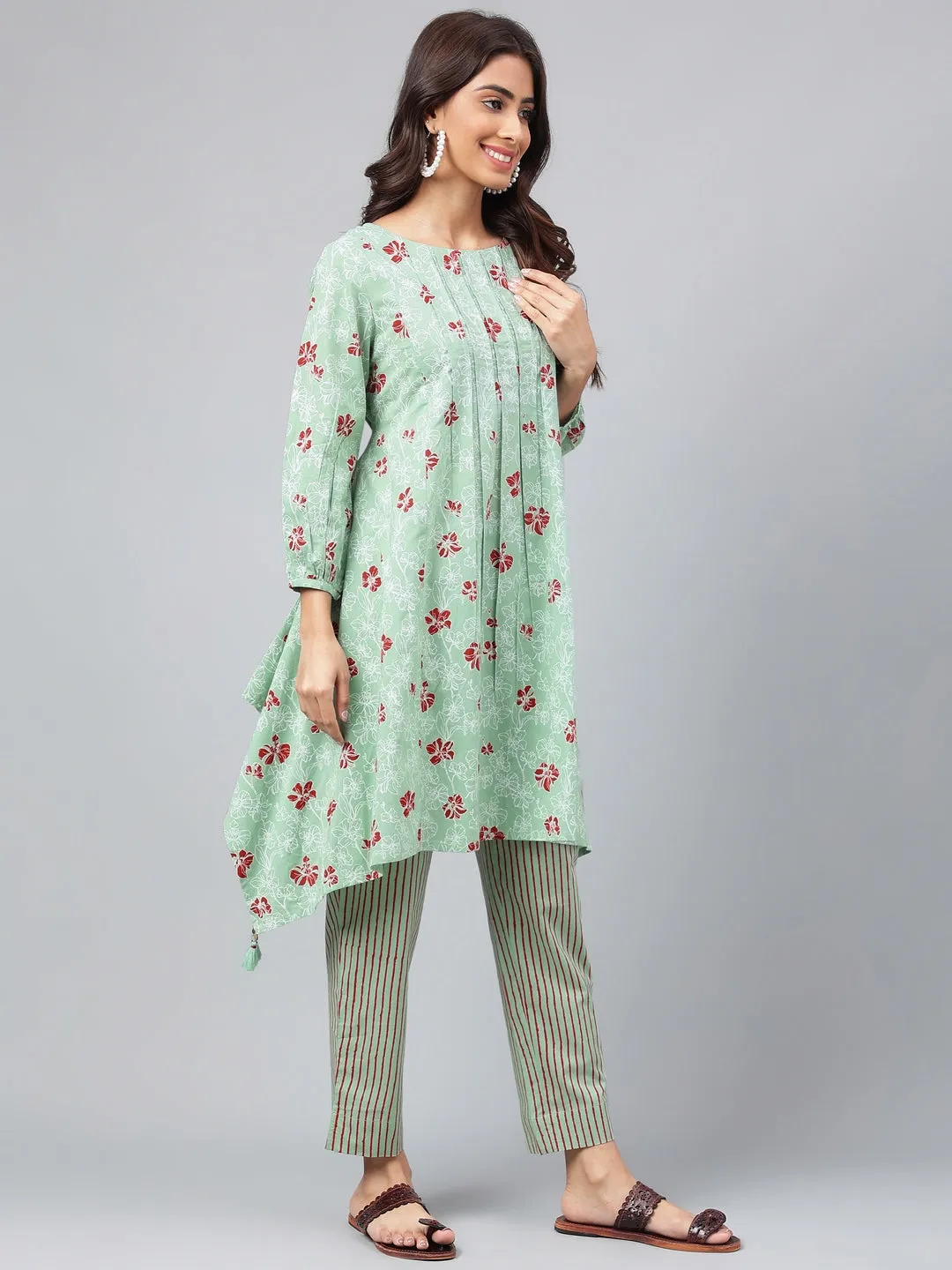 Green Cotton Floral Printed Kurta with Pant