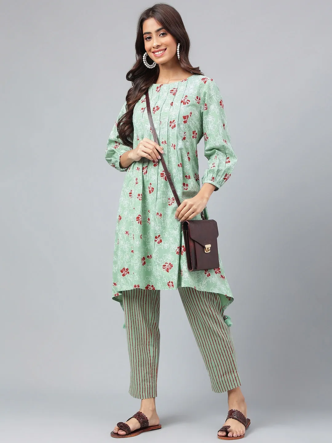 Green Cotton Floral Printed Kurta with Pant