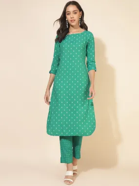 Green Cotton Geometric Kurta Pant Set