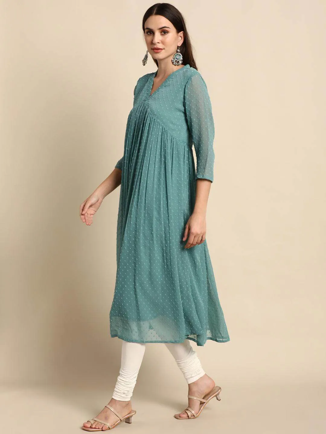 Green Poly Chiffon Self Design Flared Kurta