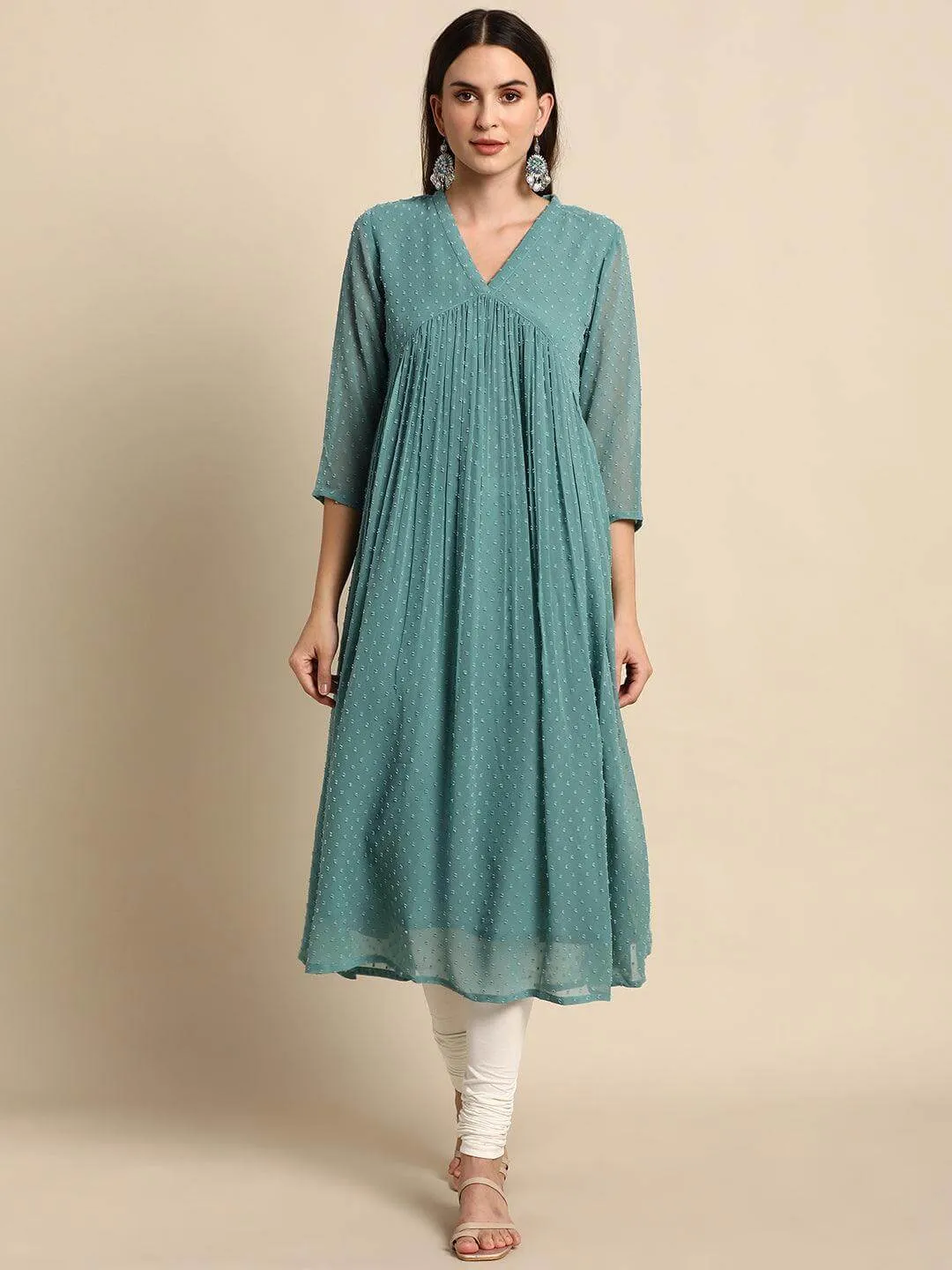 Green Poly Chiffon Self Design Flared Kurta