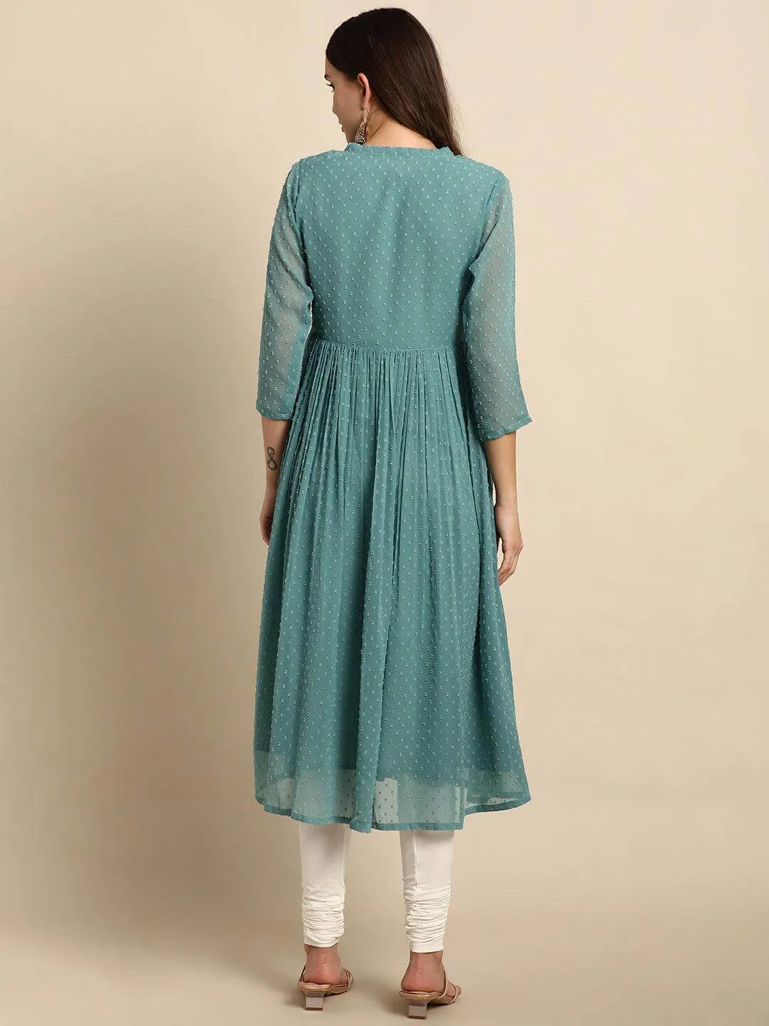 Green Poly Chiffon Self Design Flared Kurta