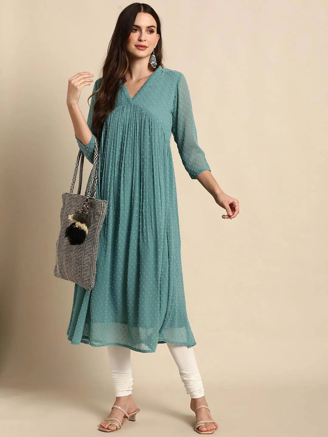 Green Poly Chiffon Self Design Flared Kurta