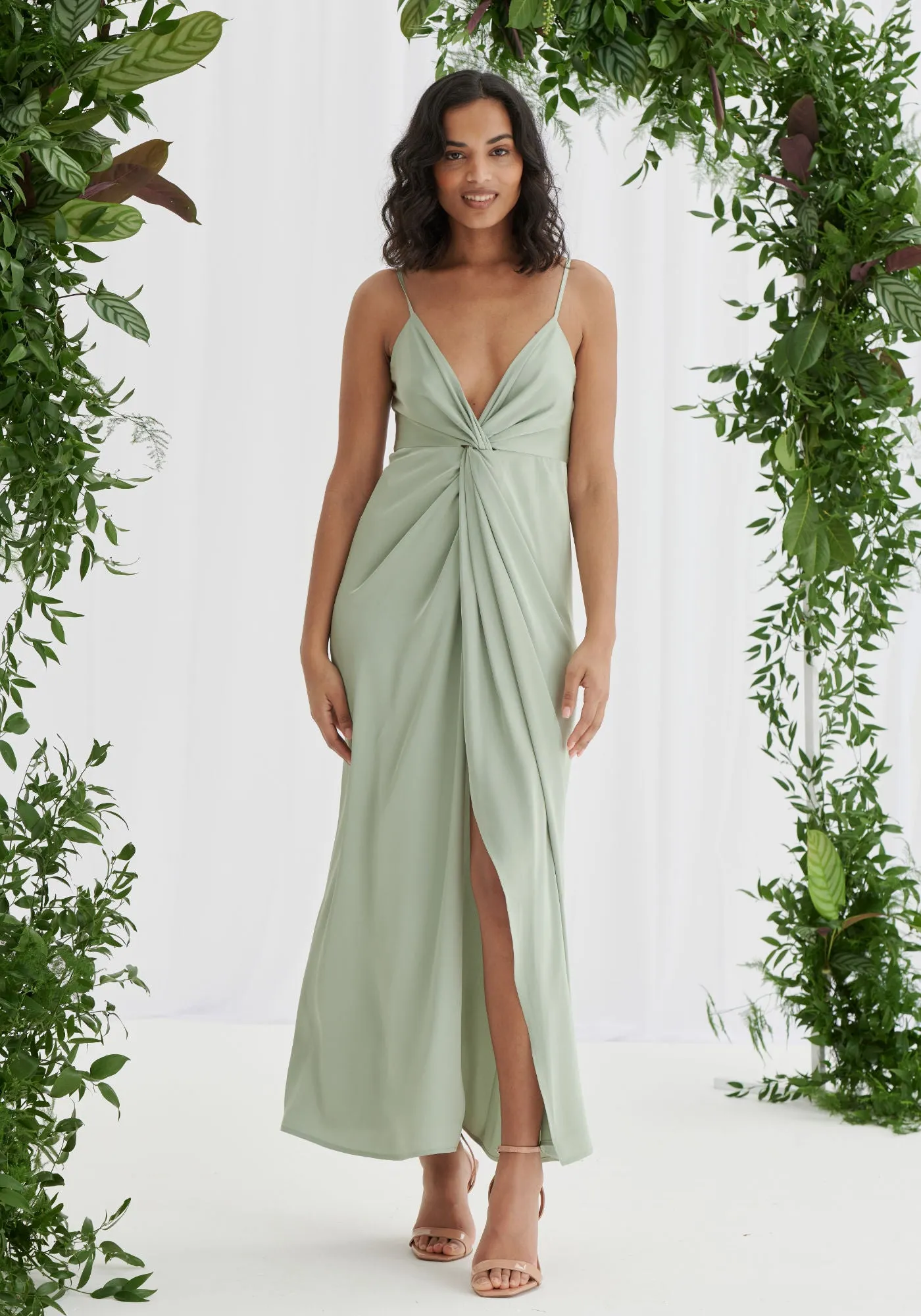 Janette Twist Front Satin Dress - Sage